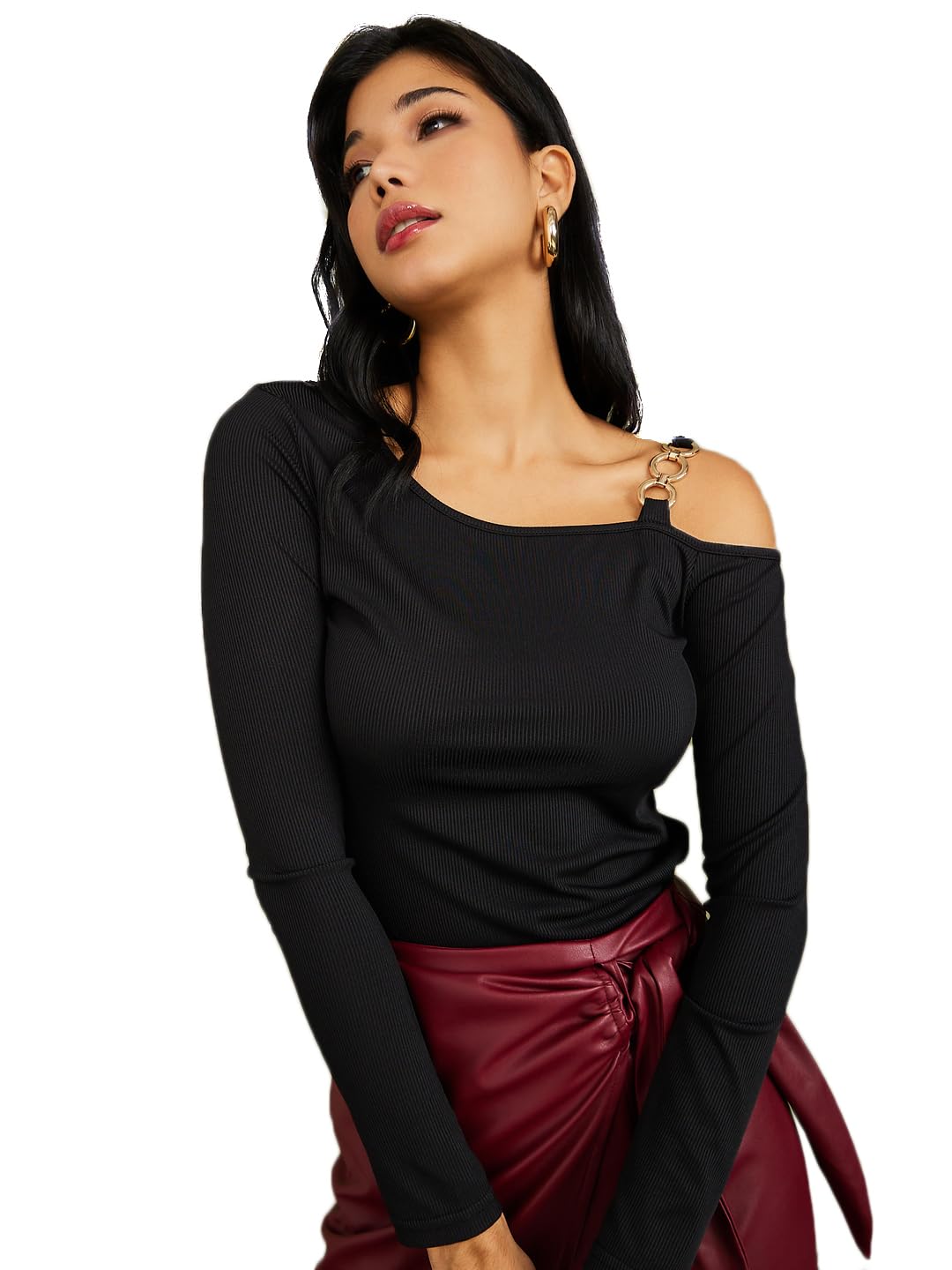 styli Women’s Asymmetric Neck Knit Top | Ribbed Polyester Fitted Top with Chain Strap Detail | Stylish Regular Fit Casual Wear for Women and Girls-picture-19