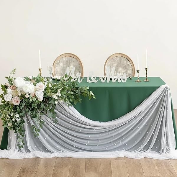 Table Runner 63" X 120" Wedding Arch Decorations Table Line Bridal Shower Decor Fabric Romantic Pearl Lace Tablecloth for Events Embroidered Sheer Wrinkle Free White Dessert Table Cloth Chiffon Tulle by TIMECOSY - Image 4
