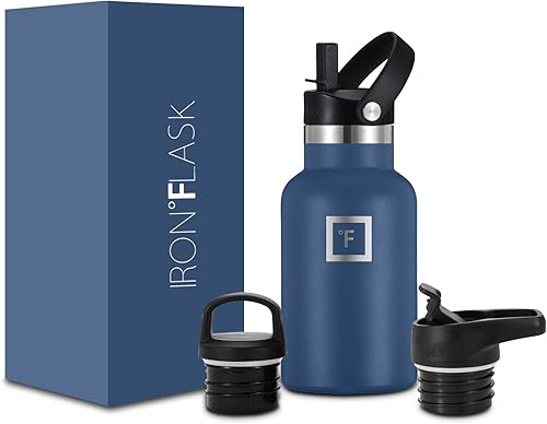 IRON FLASK - Botella de agua deportiva de 12 onzas líquidas, 3 tapas (tapa de pajilla), a prueba de fugas, acero inoxidable aislado al vacío, se