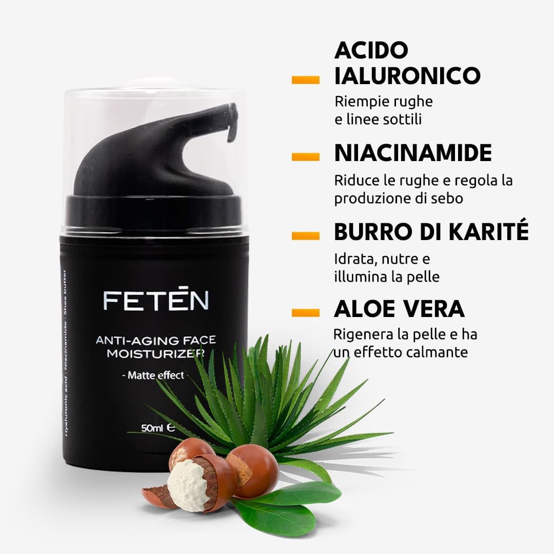 FETEN Crema Viso Uomo – Crema Idratante Antirughe con Acido Ialuronico – Effetto Anti-Età e Opacizzante – Cura del Viso Giorno & Notte – Skincare Uomo Antiacne 50ml (Confezione da 2)