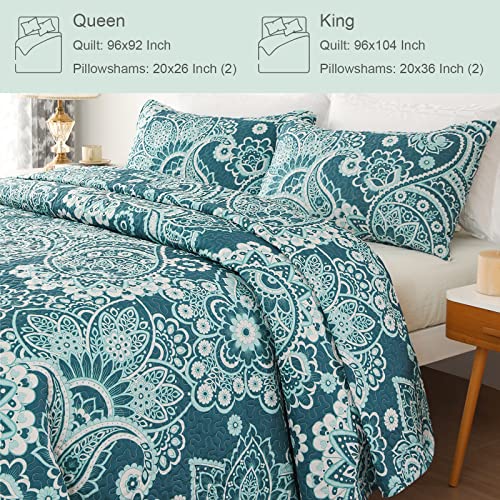 Whale Flotilla Reversible Paisley Quilts King Size, Lightweight Boho Printed Bedspreads Coverlets Quilt Bedding Set with 2 Pillow Shams for All Seasons, Turquoise