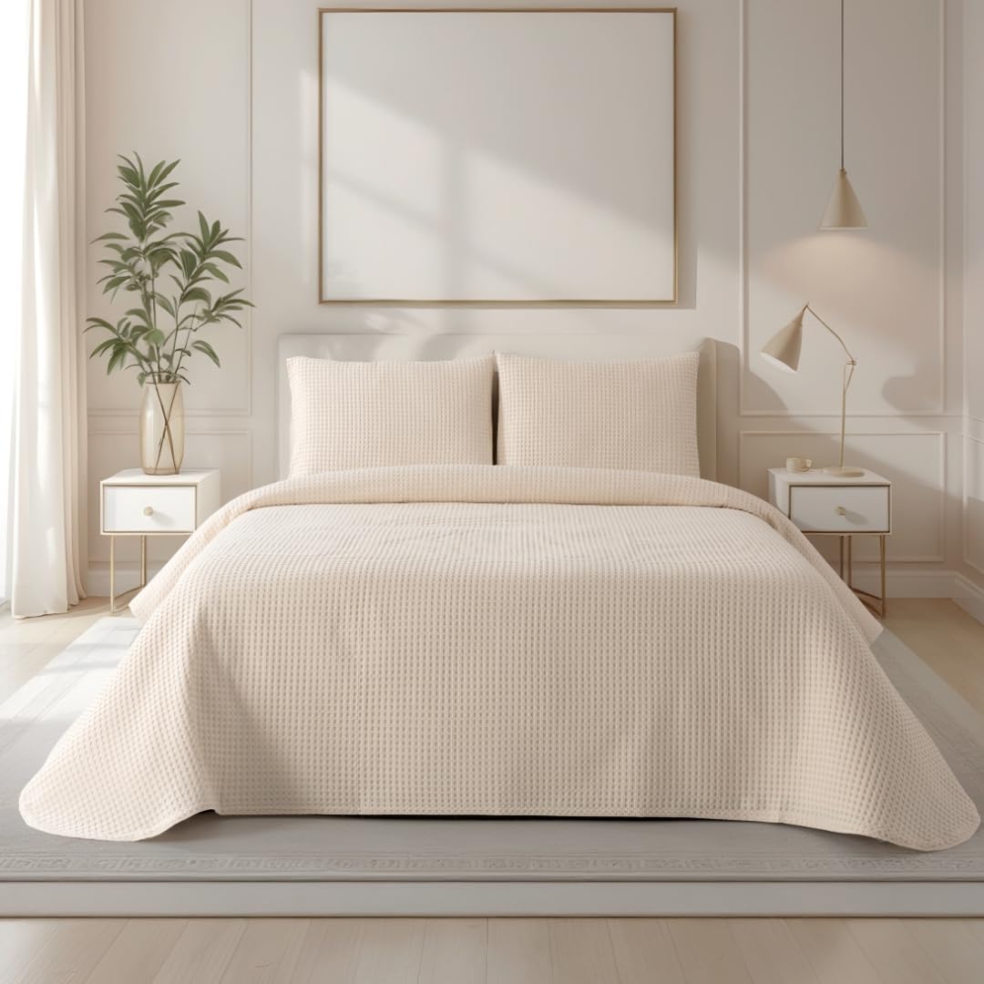 Colcha Beige para Camas 180/200 - 280 x 260 cm - Elegante patrón de Waffle - 100% Algodón Prelavado