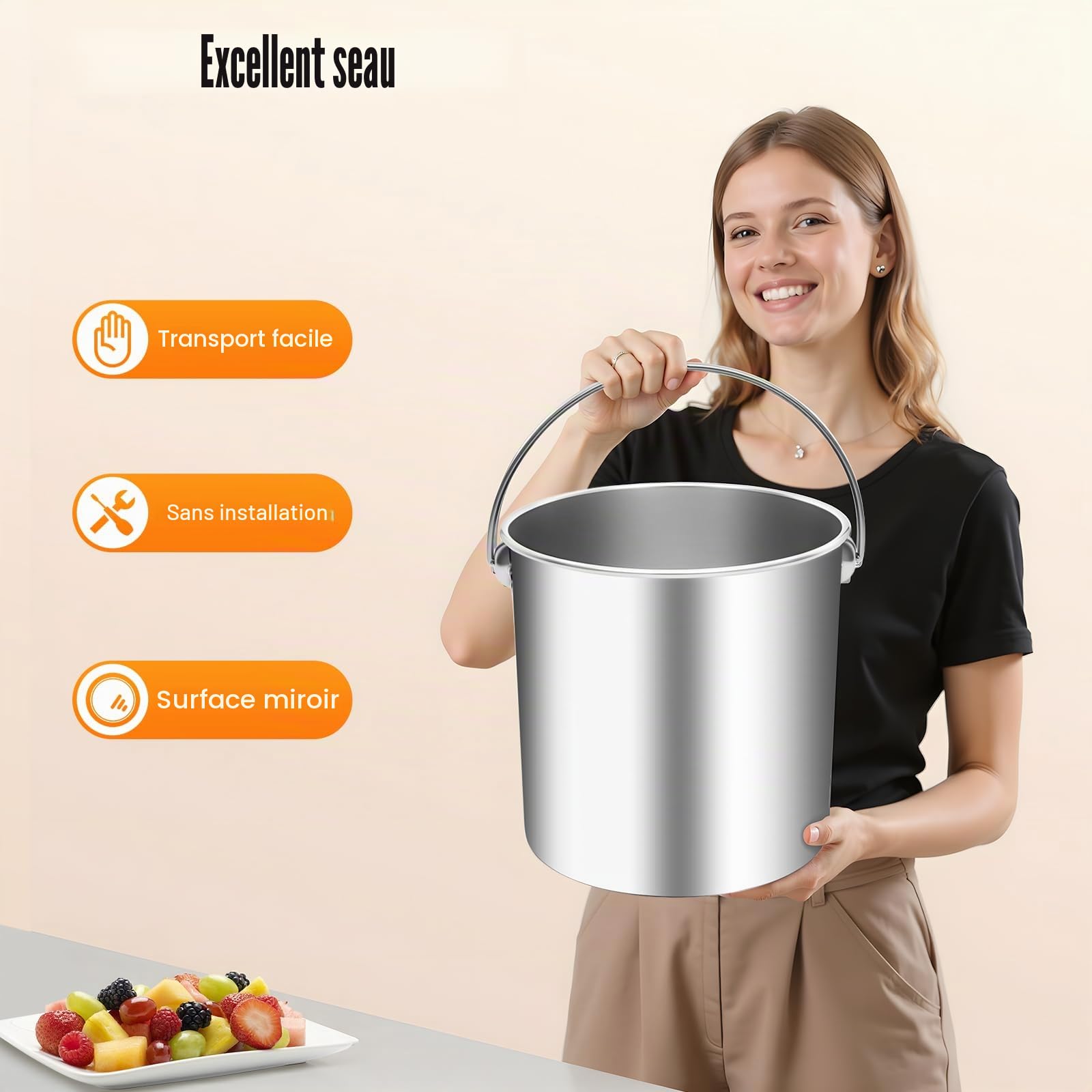 Seau en acier inoxydable, Lightakai - 20 l - Nombreuses utilisations - En acier inoxydable - Avec couvercle et anse - Pour cuisine, industrie, restauration, ménage, etc