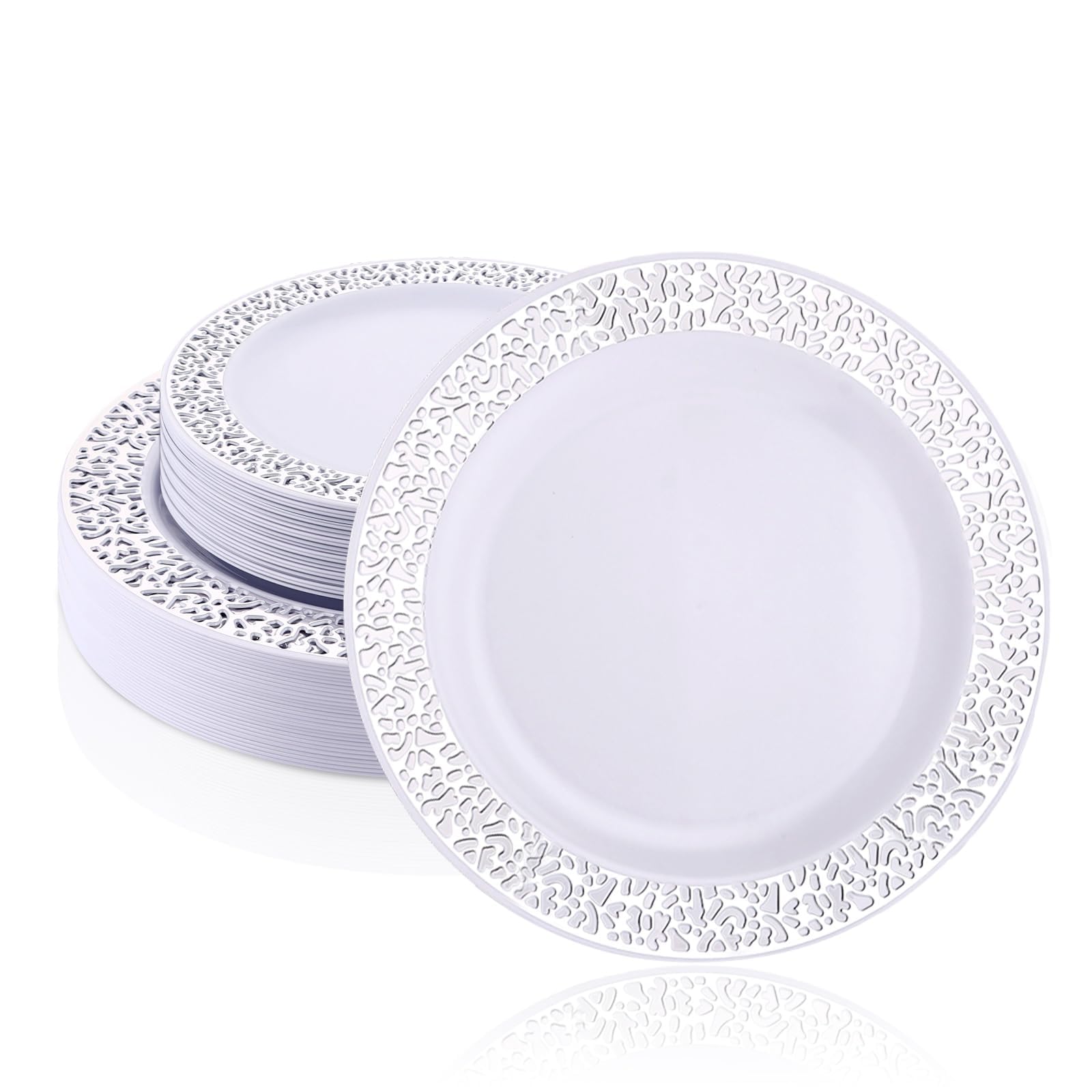 Juego de 50 platos de plástico blancos, 19 cm y 26 cm, reutilizables, platos de plástico reutilizables, para fiestas, platos de fiesta, platos de plástico con plateados para bodas, fiestas