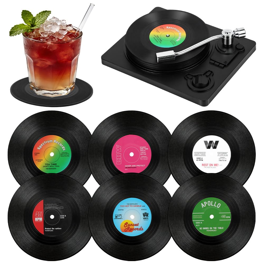 AOOWU Black CD Record Coasters, 6 Pack Funny Retro Vinyl Record Coasters with Player, Music Coasters Set for Drinks, Bars, Cafes, Home, Party, Office, Gifts for Music Lovers, Birthday Gifts for Men