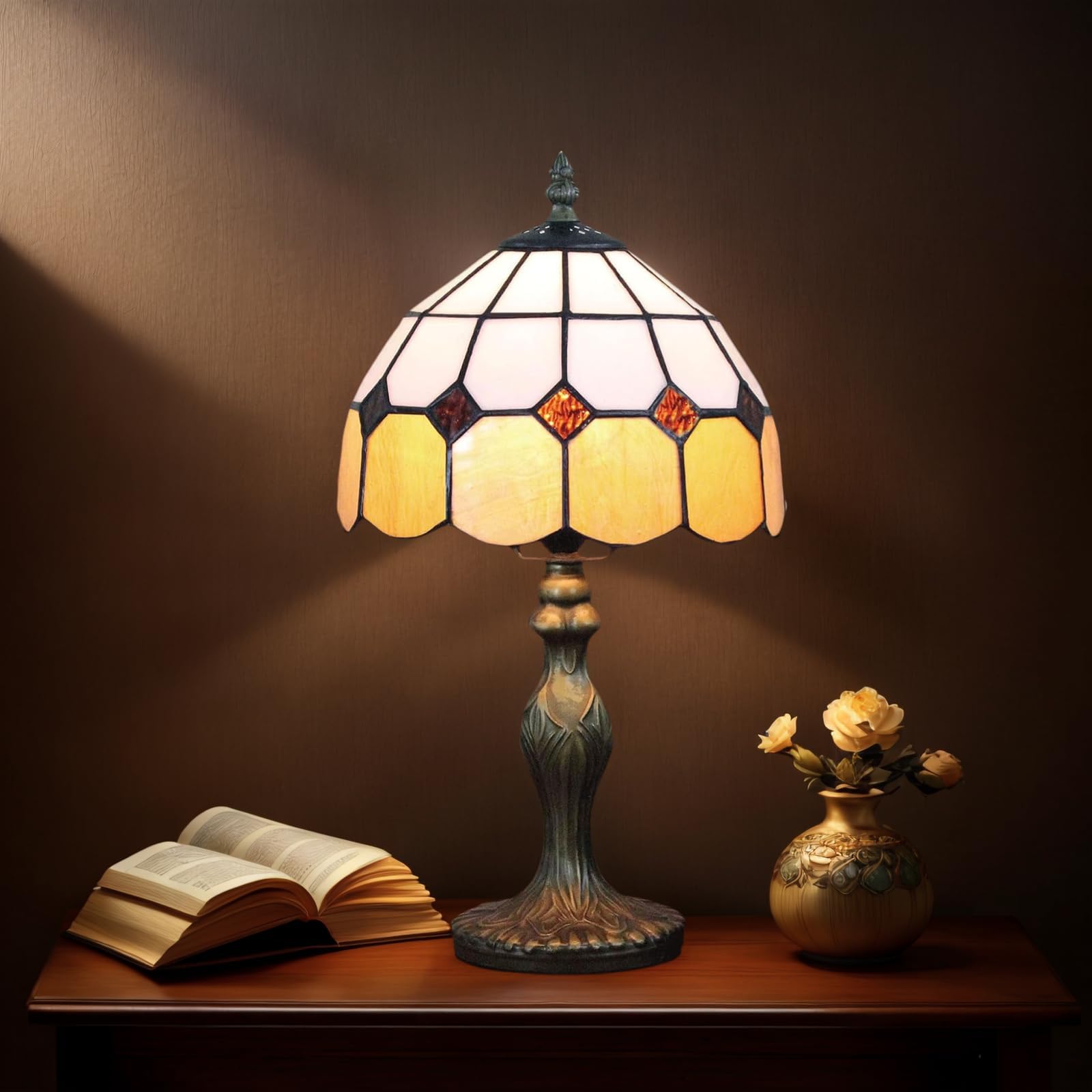 Tiffany Stil Tischlampe 8 Zoll, Vintage Design mit Buntglas, Energiesparende LED Birne, Ambiente Beleuchtung für Homeoffice, Arbeitszimmer und Nachtisch (ORANGE)
