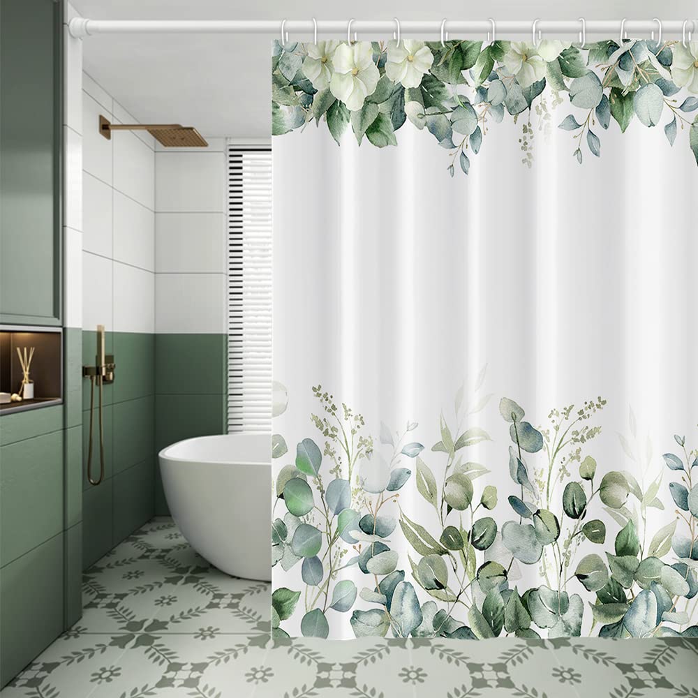Eucalyptus Leaves Shower Curtain Green Leaf White Flowers Nature Plants for Bathroom Modern Style Home Decor Waterproof Polyester Fabric Shower Curtain with Hooks, 72x96 Inch