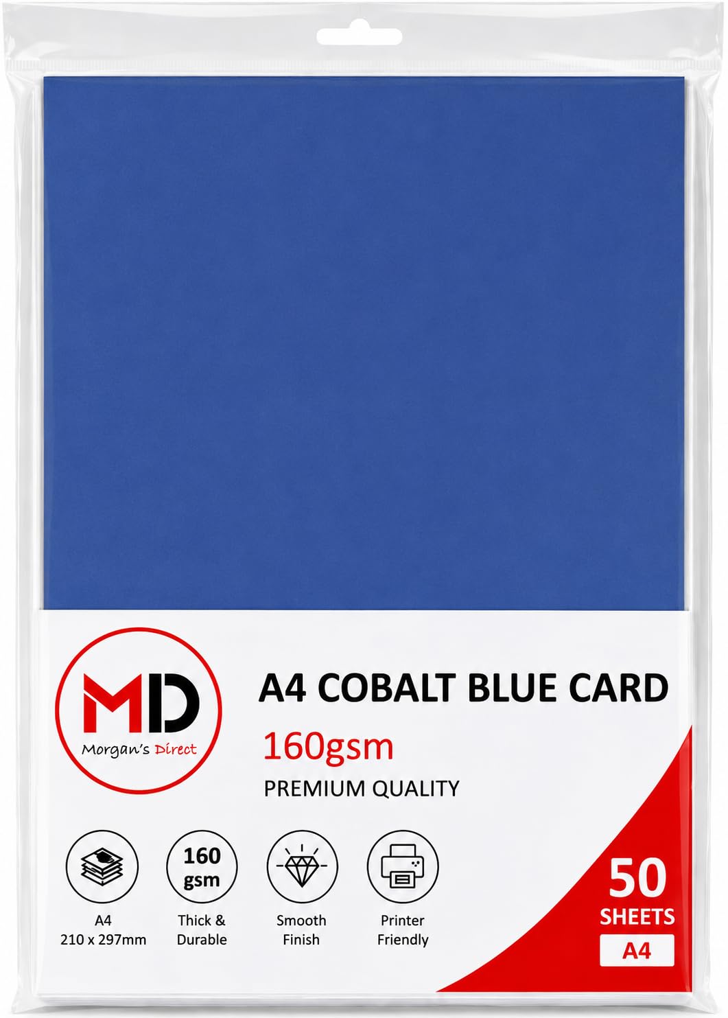 Morgan's Direct A4 Cobalt Blue Card 160gsm – Pack of 50 Sheets | Premium Paper for Printing, Arts & Crafts, Card Making, School, Office, Invitations, Posters & DIY Projects