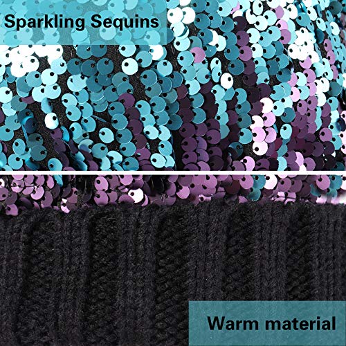 Homiton Women Sequin Knitted Beanie Hat With Faux Fur Pom-Pom Shiny Bling Skull Cap (A-Black) #TOP2