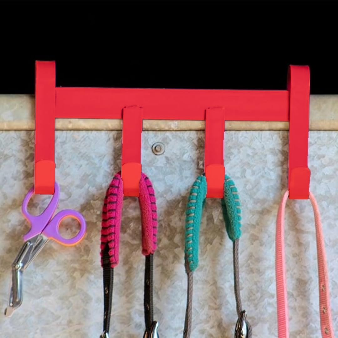 4-Hook Horse Tack Hanger, Red Metal Over-Door Organizer for Equestrian Bridles, Head Collars and Lead Ropes, Fence and Gate Mounting