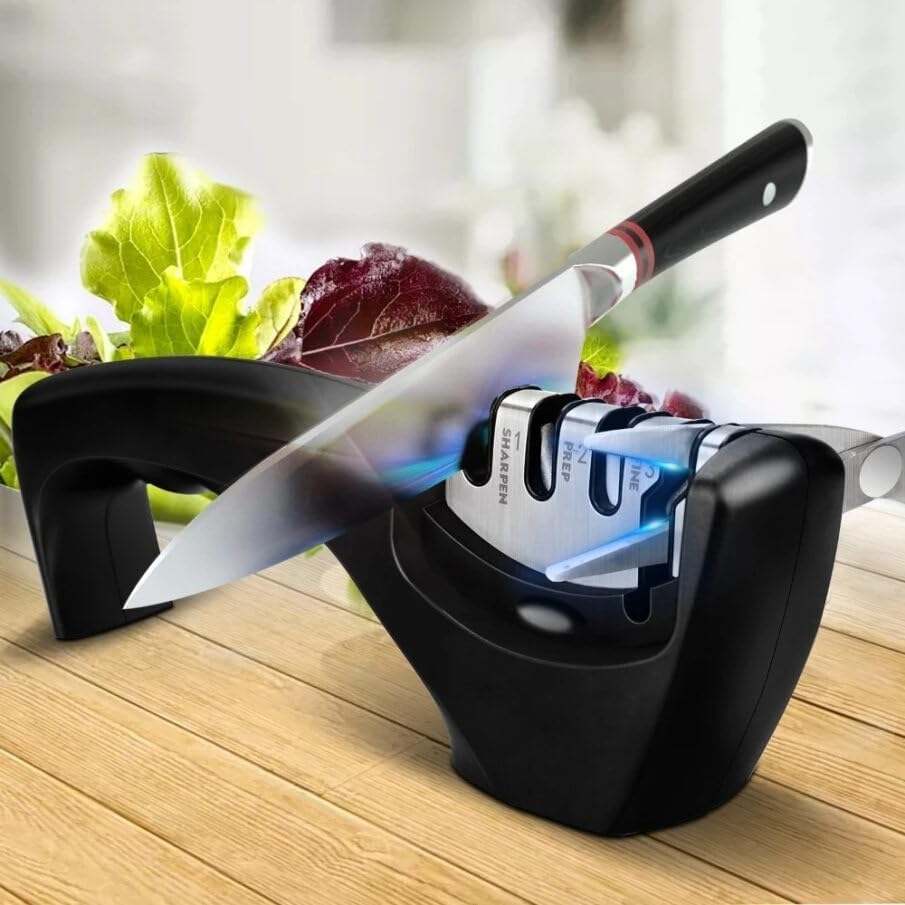 Knife Sharpener,3-Level Sharpening Tool for Repairing,4-in-1 Kitchen Knife Sharpener, Polishing, and Honing Blades | Durable Stainless Steel, Ceramic, and Tungsten Steel | Non-Slip Base | Black - Image 5
