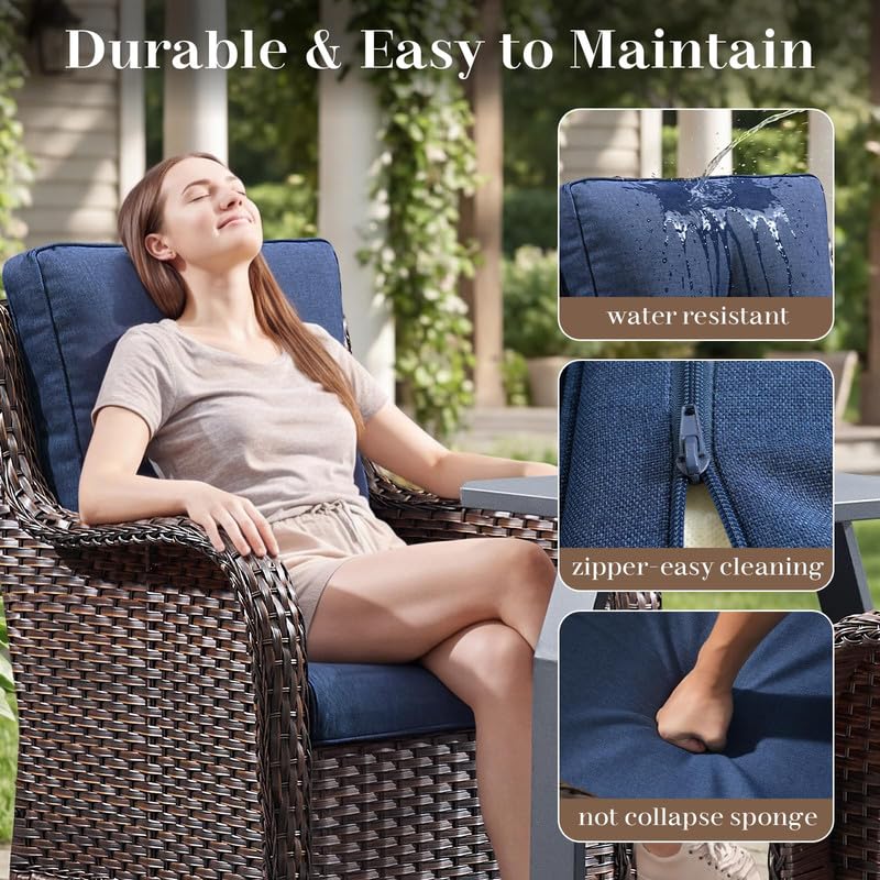 Image of Rilyson 3 Seat Outdoor Wicker Couch, Rattan Patio Sofa, Blue Cushions | High Back and Deep Seating, All Weather, Water-Resistant, Removable Cover, Stain-Resistant, for Garden Backyard Deck