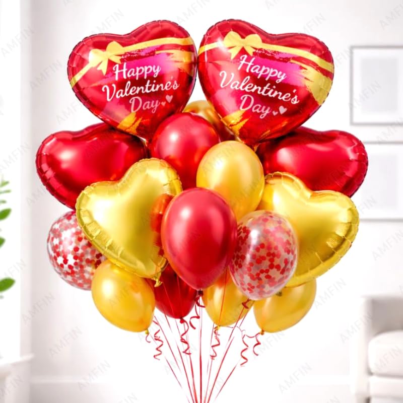 Image of AMFIN (Pack of 14) Happy Valentine's Day Balloon Decoration Set | Romantic Heart Foil Bouquet Metallic Helium Bunch Proposal Anniversary Celebration Party Decor - Red Gold