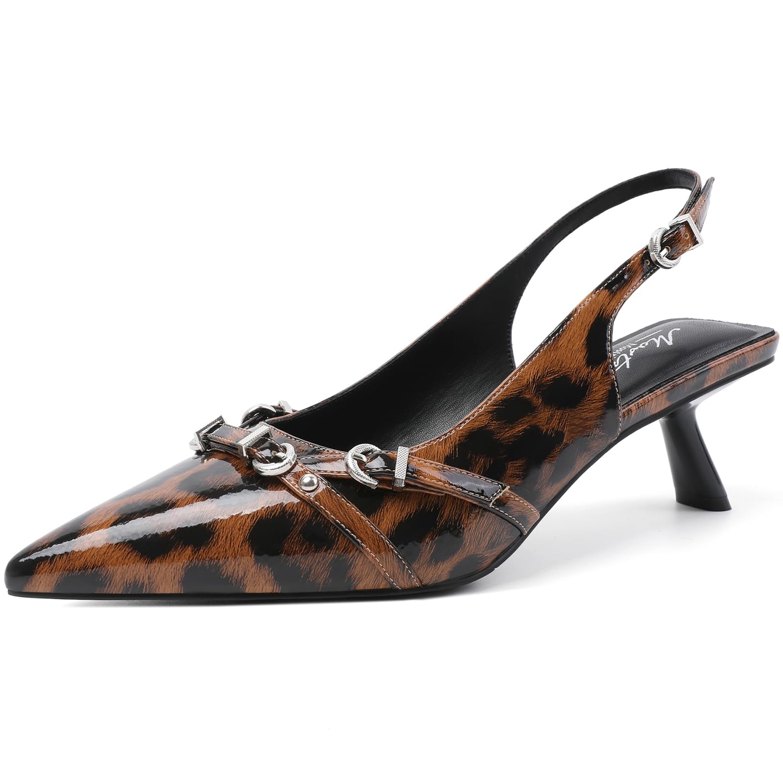 Mostrin Kitten Heels for Women Pointed Toe Pumps Patent Leather Low Heel Slingback Heels with Buckle Dress Shoes for Dating Party Working