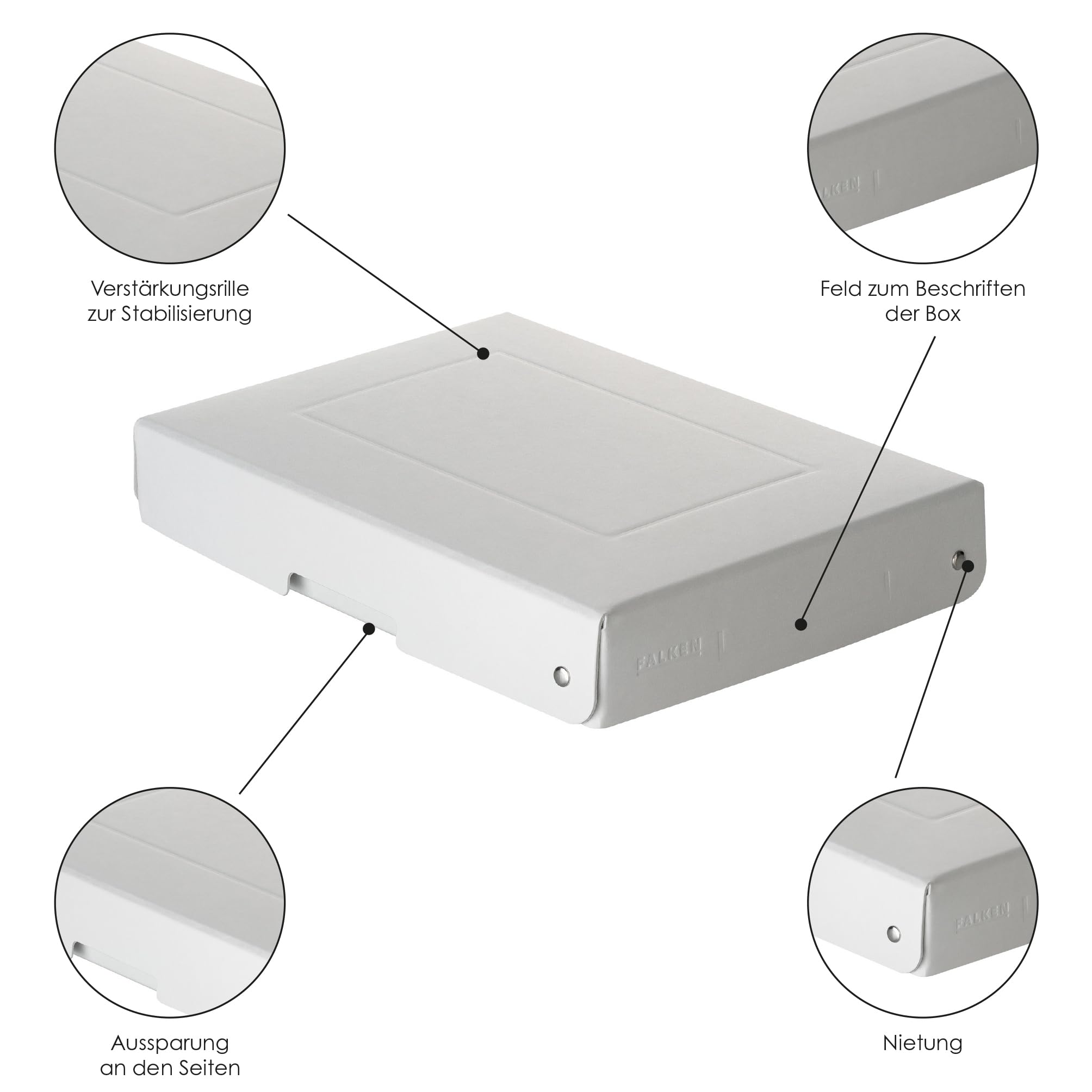 Falken - Réf. 22002168000F - PureBox PRO - 1 boîte de rangement avec couvercle - emballage cadeau - sans plastique - Format A3 - hauteur 100 mm - poignée découpée - entourée d'un ruban - Blanc