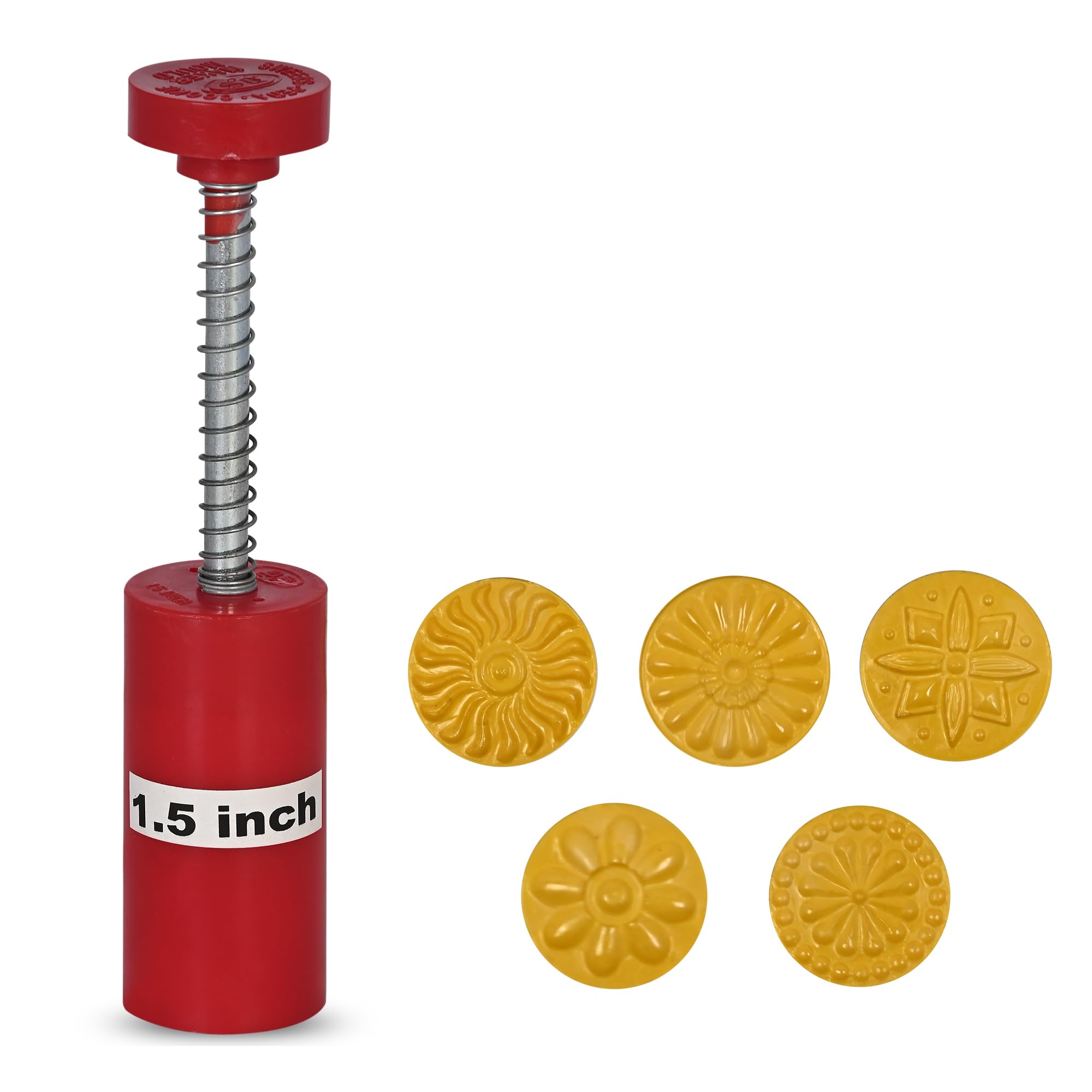 HOPE KART Plastic peda Maker Hand Spring Push and Press Stamp Chaap for Mawa Penda Sweets Stamping Mould Round Design Manual Mava Mold Pack of 1, 6X4X3 Cm, Red