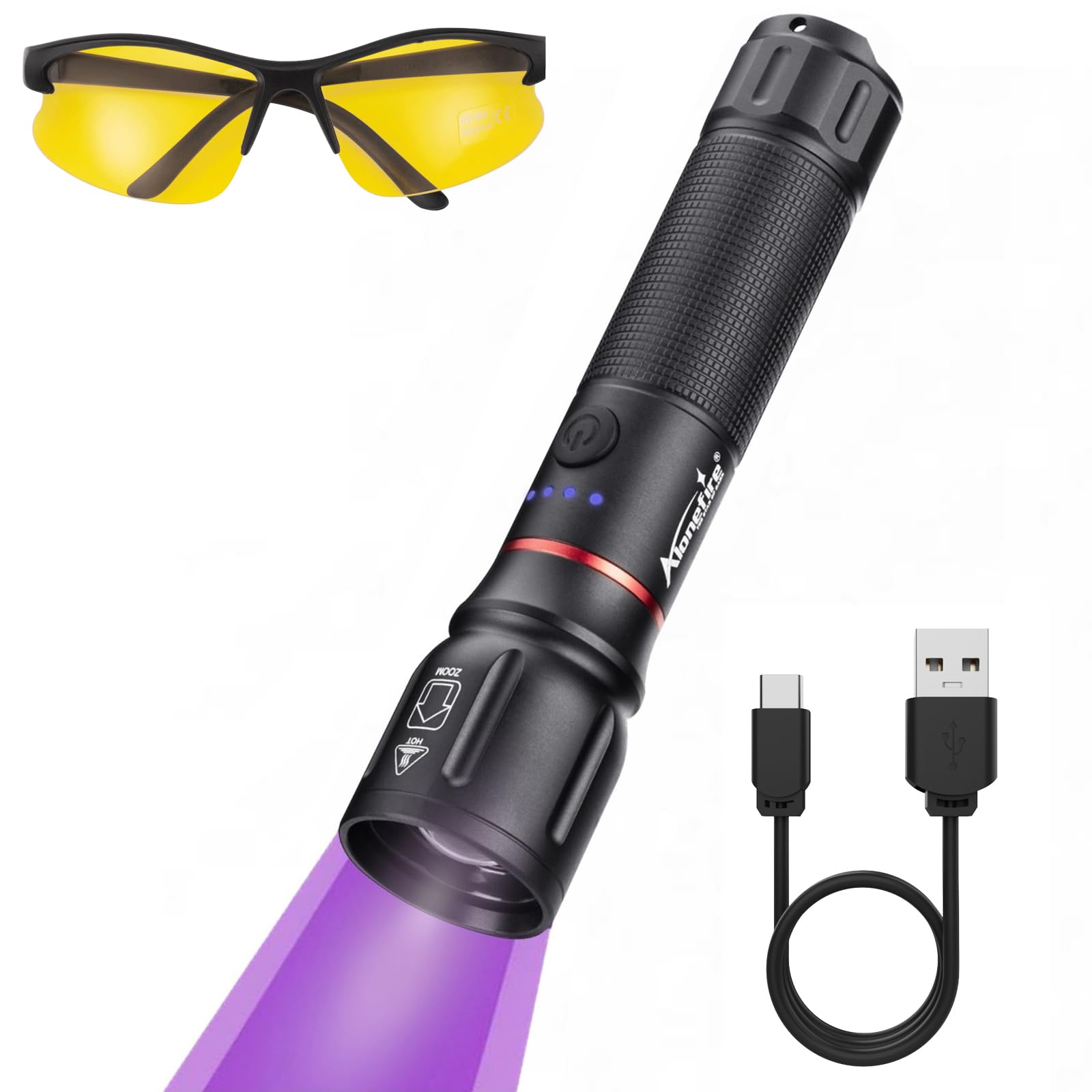 ALONEFIRE X107 UV Flashlight with key features highlighted