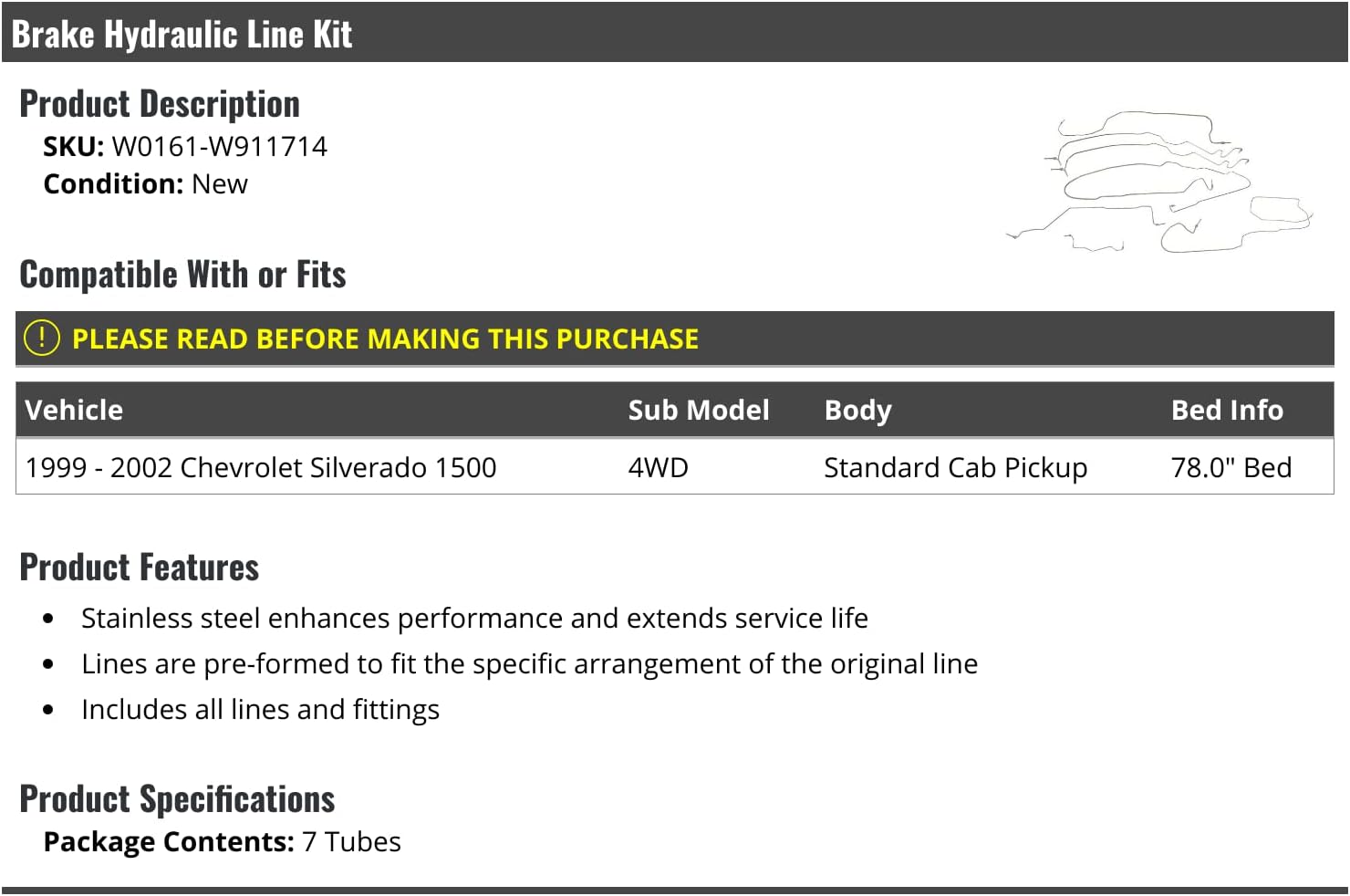 Marketplace Auto Parts - Brake Hydraulic Line Kit - 7 Piece - Compatible with 1999-2002 Chevy Silverado 1500 4WD Standard Cab Pickup
