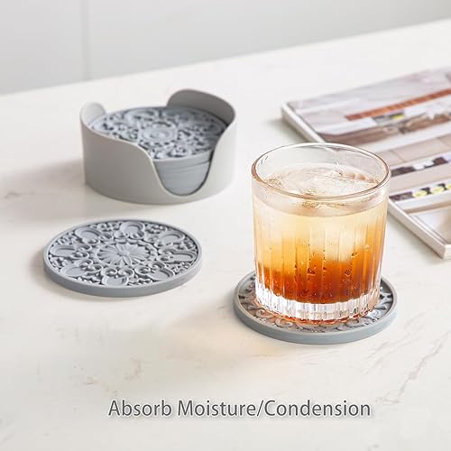 Miniatura 3 de Colinda Juego de 6 posavasos de silicona con soporte, alfombrillas antideslizantes para bebidas frías y calientes, diseños decorativos, embalaje