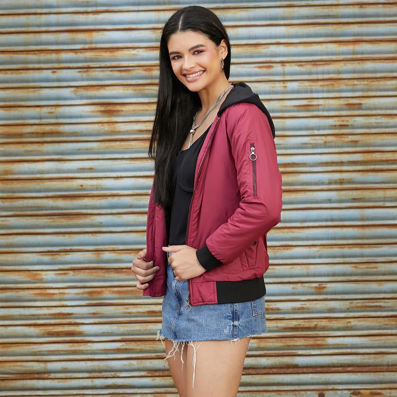 Image of Campus Sutra Women's Fleece-Lined Biker Jacket For Casual Wear | Spread Collar | Long Sleeve | Zipper Closure | Jacket Crafted With Comfort Fit For Everyday Wear