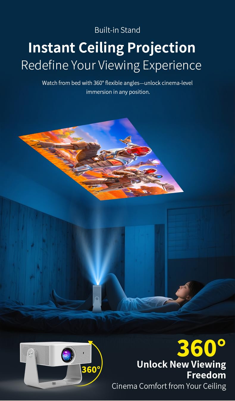 Zync T400 4K Smart Projector Android 13,WiFi 6 & Bluetooth |Mini Short Throw Home Theater Portable Projector |1280 * 720P Full HD Support,3D LED| 360°Rotation,Outdoor Movie Projector USB*HDMI (White) 3