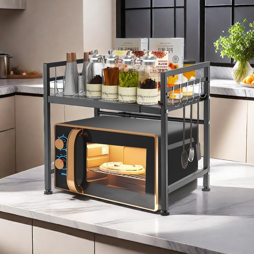 Etagere micro ondes extensible 40-65 cm, etagere micro onde vertical avec 6 crochets en S, support de cuisine pratique pour plan de travail, organisateur de cuisine (Noir, 2 niveaux)