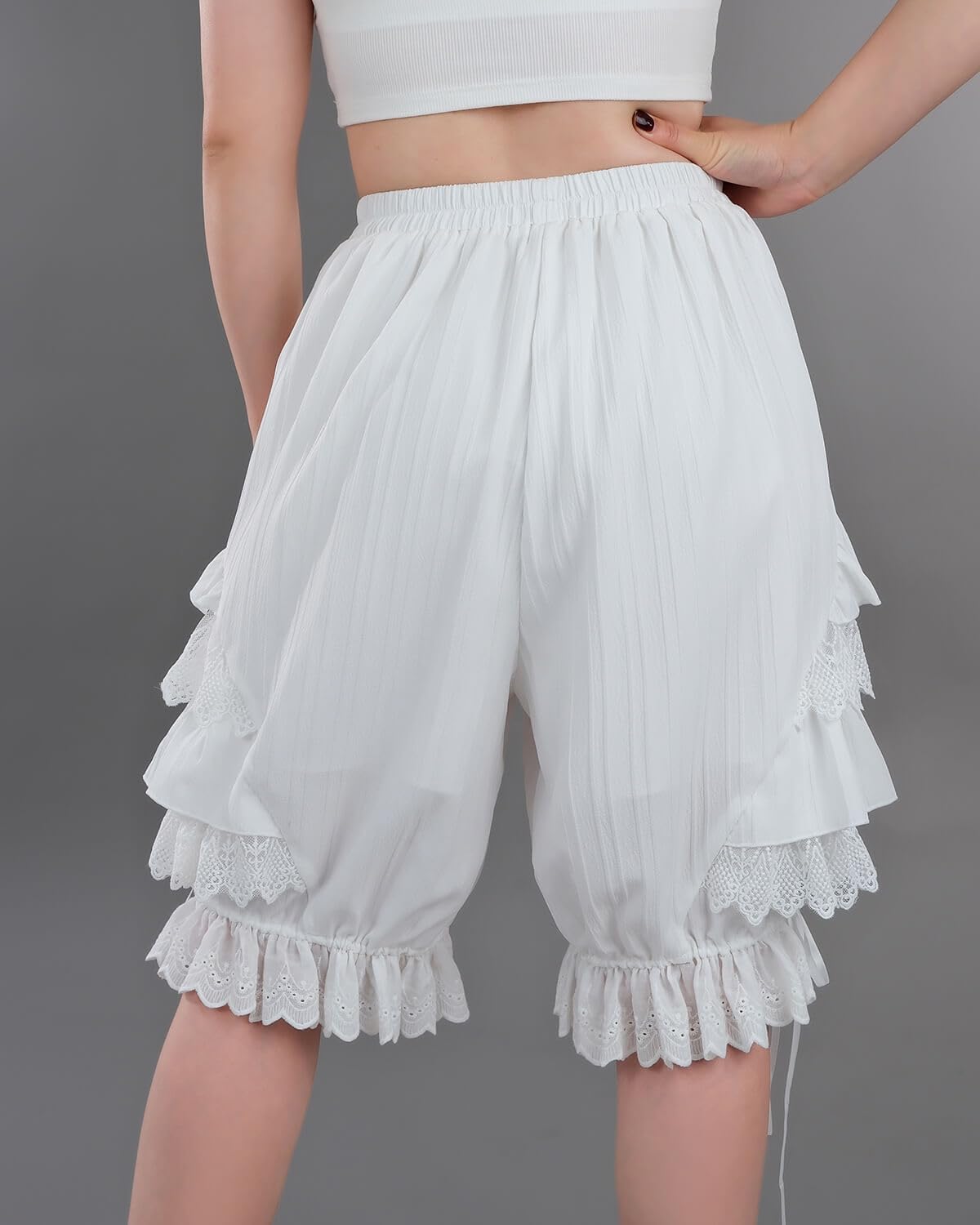 Nuoqi White Ruffle Bloomer for Women Cotton Victorian Pantaloons Knee Length Bloomer - Image 3