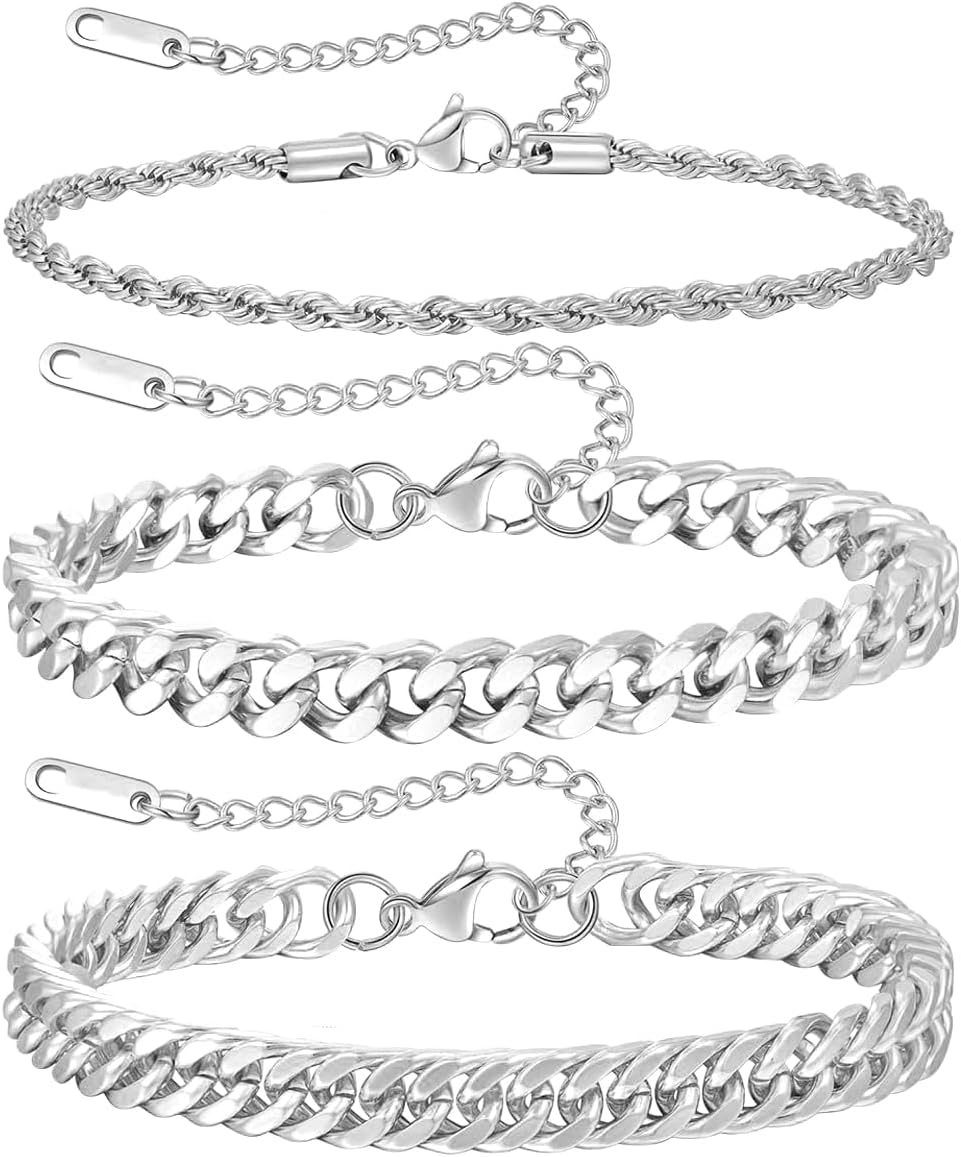 3 Pcs Mens Silver Bracelets,Stackable Cuban Link Bracelet, Sturdy Curb Stainless Steel Figaro Rope Bracelet,7-8 inch,Mens Personalized Fashion Jewelry Gifts for Dad Boyfriend Husband Son