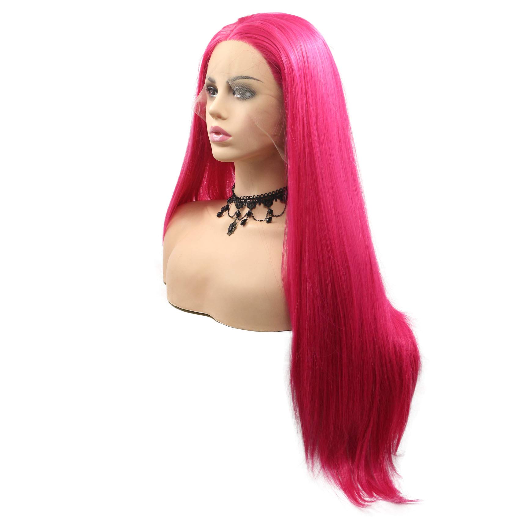 SereneWig 24" Bright Pink Wig Long Straight Synthetic Lace Front Wigs for Women Hot Red Pink Half Hand Tied Heat Resistant Fiber Wigs Middle Part Daily Wear Cosplay Wigs Drag Queen - Image 3