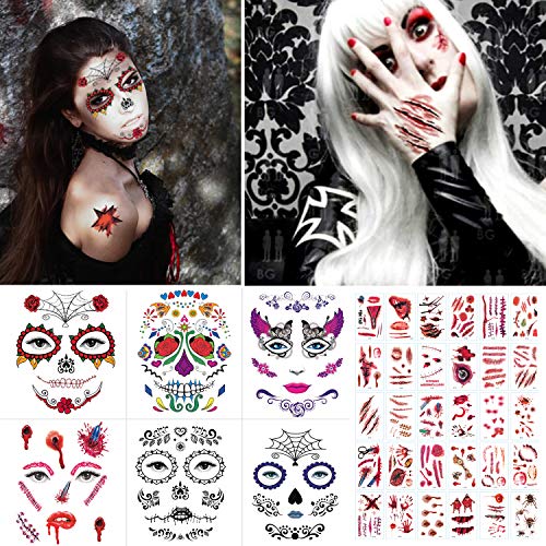 Day of the Dead Face Skeleton Tattoos(36 Sheets), Halloween Temporary face Tattoos, Skull Face Tattoo, Red Rose Face Decor Tattoo, Fake Wounds, Scars Stickers for Halloween Party Favor Zombies Cosplay