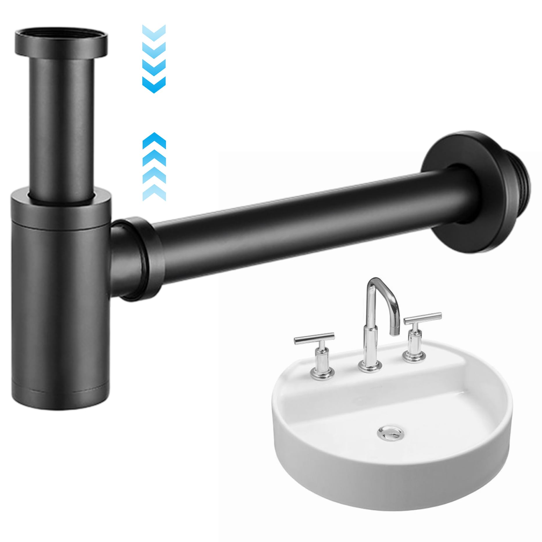 Sifone a bottiglia in ottone contemporaneo rotondo P sifone da 1, 25 pollici regolabile per lavabo kit di scarico per rifiuti drenaggio a parete nero opaco