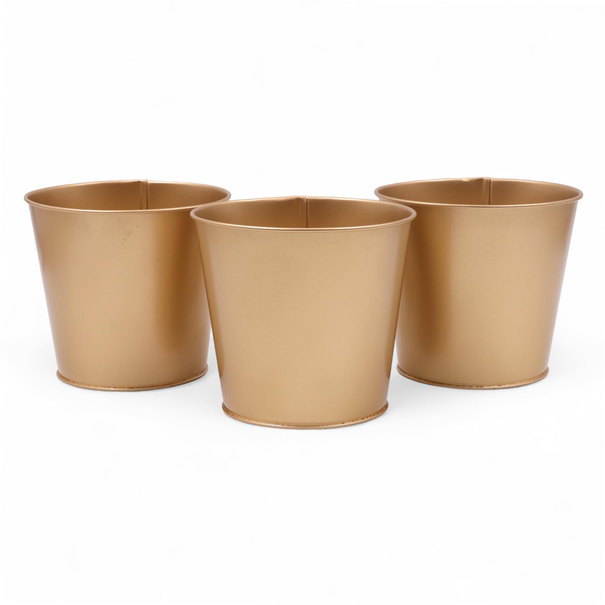 Hosley Set of 3 Gold Finish Bucket/Pots with PVC Liner 5" Dia x 4.75" H, Ideal Gift for Floral Arrangements Wedding Home Office Party DIY Indoor