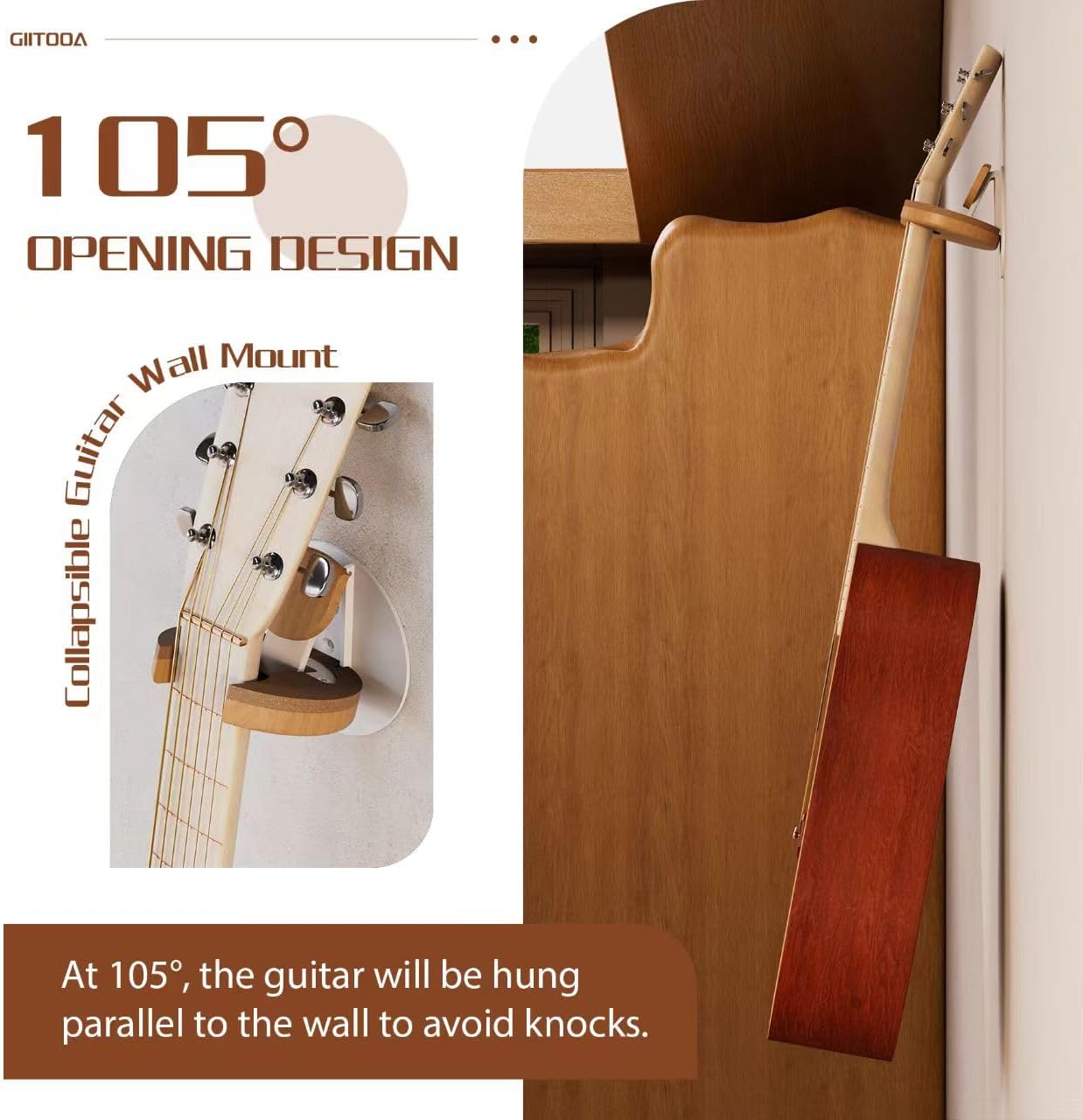 2025 New Collapsible Guitar Wall Mount Hanger with Solid Wood & Cork Original Design Space Saving Wall Hook Holder for Acoustic, Banjo, Bass, Ukulele Guitars (Guitar Player Accessories)