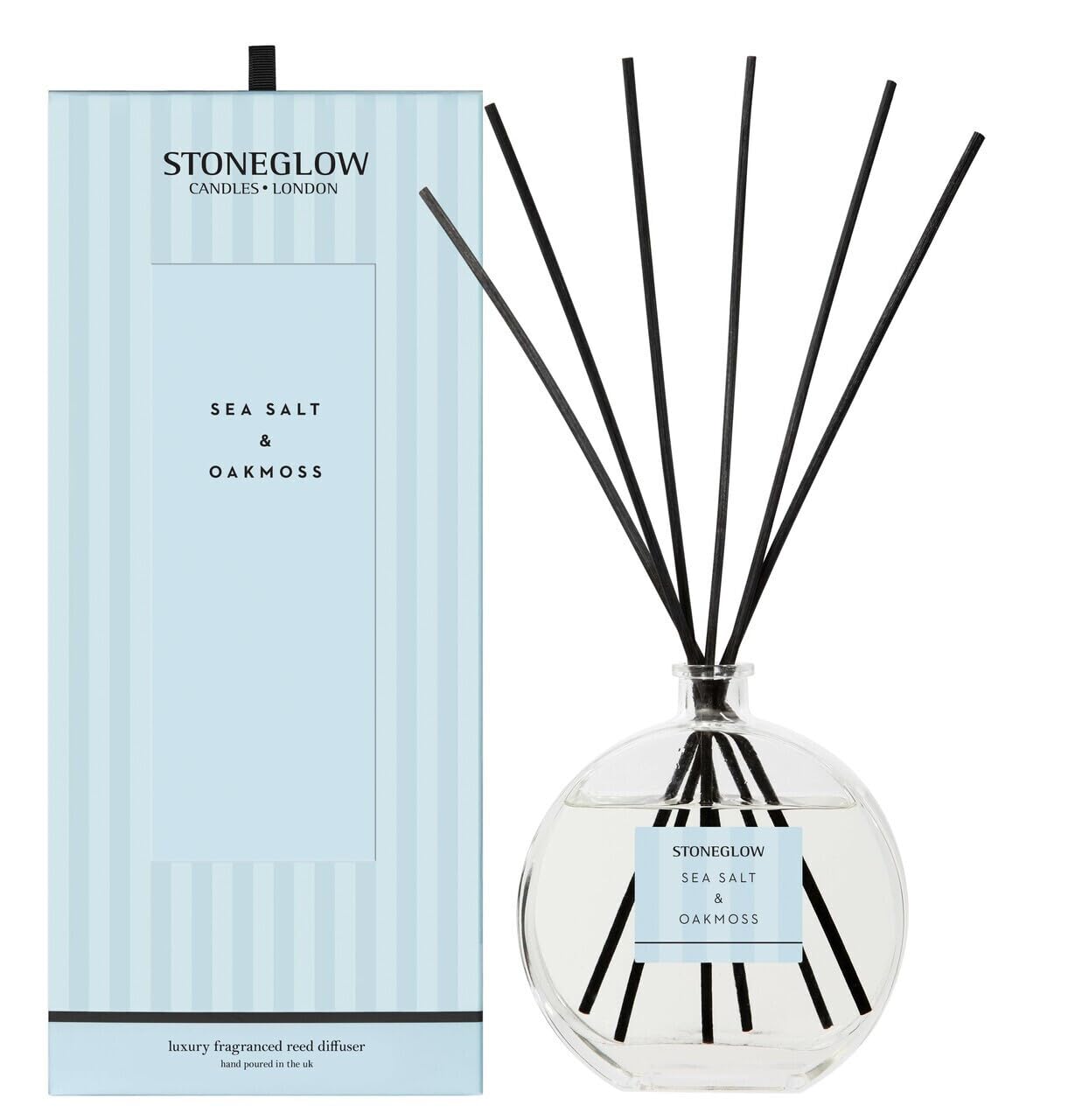 Stoneglow Blue Modern Classics Sea Salt & Oakmoss Scented Reed Diffuser 460Ml With 12 Rattan Reed Diffuser Sticks – Fragranced Home Air Freshener, Lasts 32 Weeks, Refillable Fragrance, Made In The Uk
