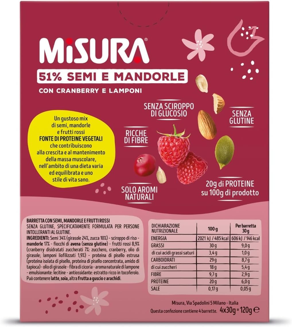 Misura Protein Barrette con Cranberry, Lamponi, Semi e Mandorle Senza Glutine (Gluten Free) 120g - NOVITA' 2024 [4 Confezioni]