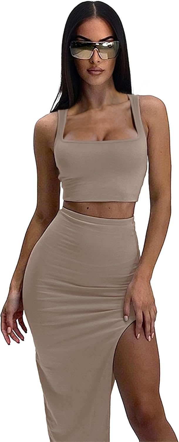 ELLEVEN Two Piece Maxi Skirt Sets for Women, Square Neck Tank Tops with High Side Slit Dress Sets Summer Outfits - Image 2