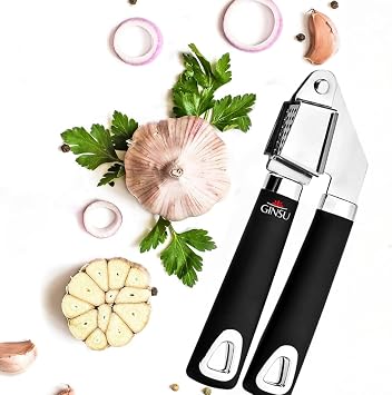 GINSU Professional Garlic Mincer & Crusher, 7.5in, Ergonomic Black TPR Handle, Premium Stainless Steel, Rust-Proof, Dishwasher Safe