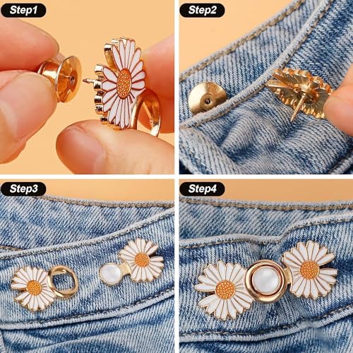 Detachable Jean Button 2 Pair Pant Waist Tightener, Adjustable Waist White Flower Buckle Set for Loose Jeans to Make Tighter, Instant Clips Button Pins for Skirts, No Sewing Waist Adjuster - Image 5