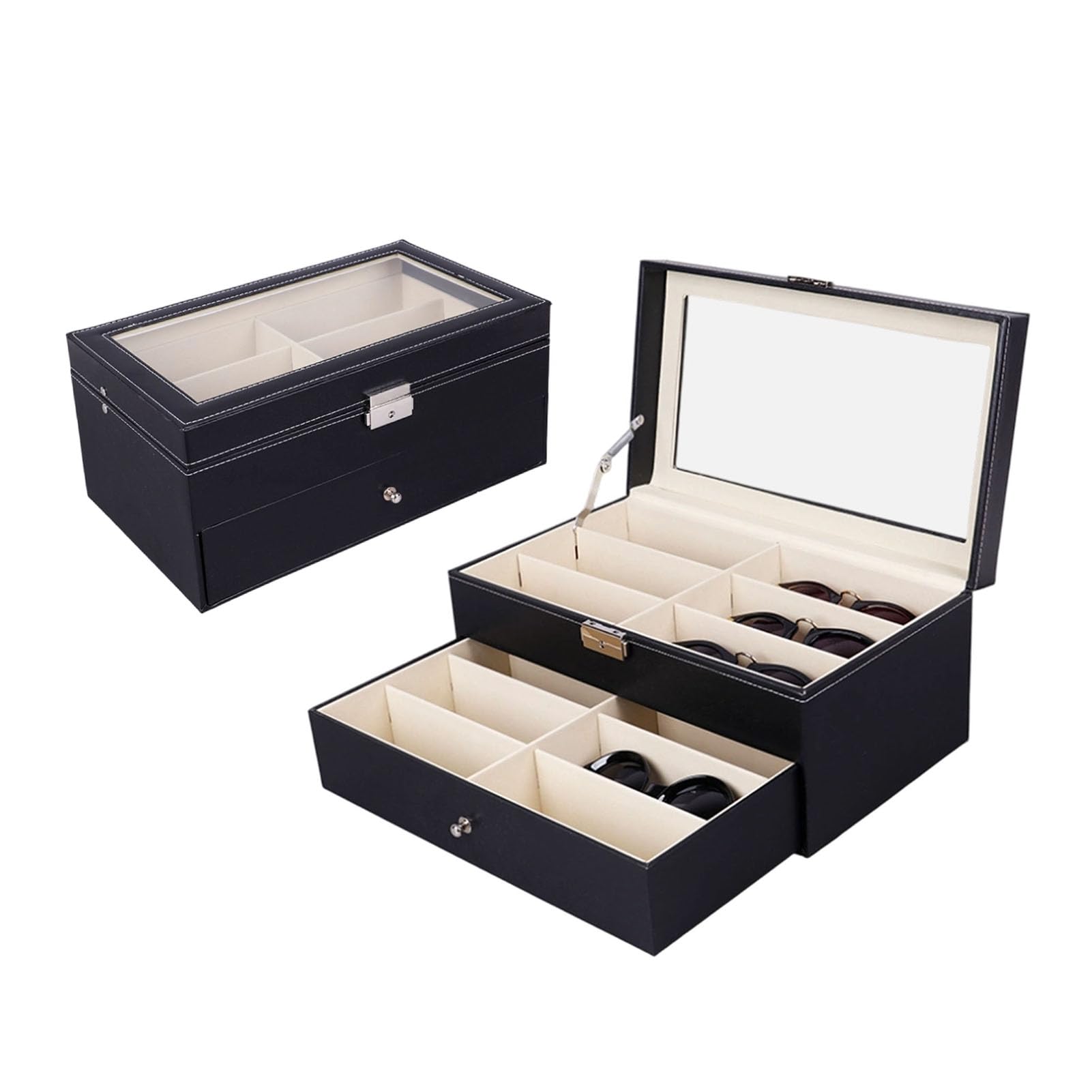 Brillen-Vitrine, Abschließbarer, Wasserdichter PU-Leder-Organizer für Sonnenbrillen und Schmuck