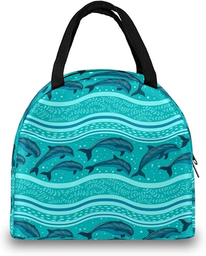 Miniatura 3 de Bolsa de almuerzo con diseño de delfín de olas turquesas aisladas para hombres y mujeres, bolsa de almuerzo a prueba de fugas, bolsa de preparación