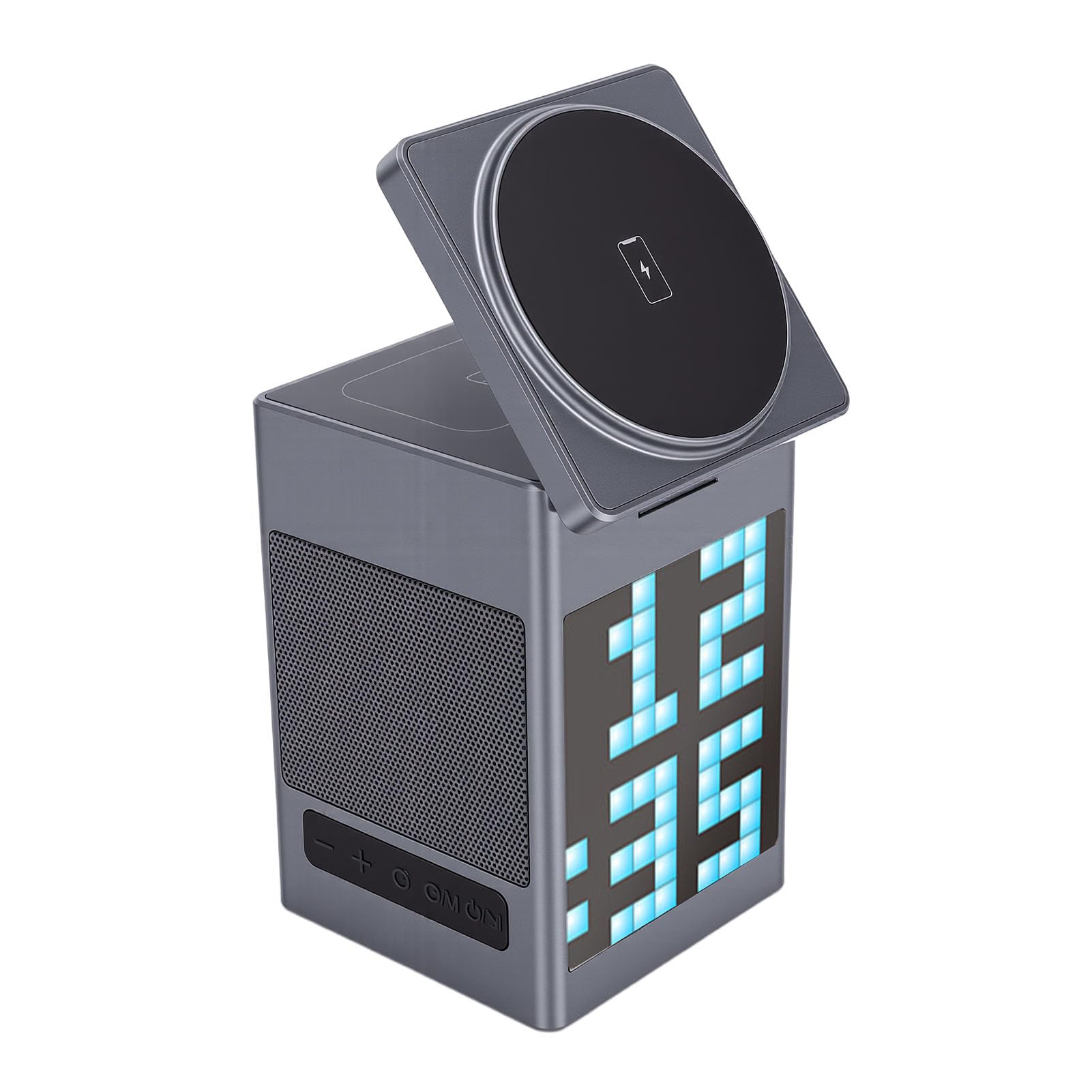 Bezprzewodowa Stacja ładująca 6 w 1, Podstawka ładująca do Wielu urządzeń, Przenośna Podróżna Stacja z Głośnikiem Bluetooth, Wyświetlacz z animacją Pikseli i Budzik