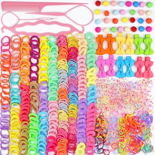 Image of 1125Pcs Girls Hair Accessory Set: Multicolor Cotton Mini Seamless Hair Ties, Disposable Colorful Finger Elastics, Toddler Thin Rubber Bands, and Butterfly Clips