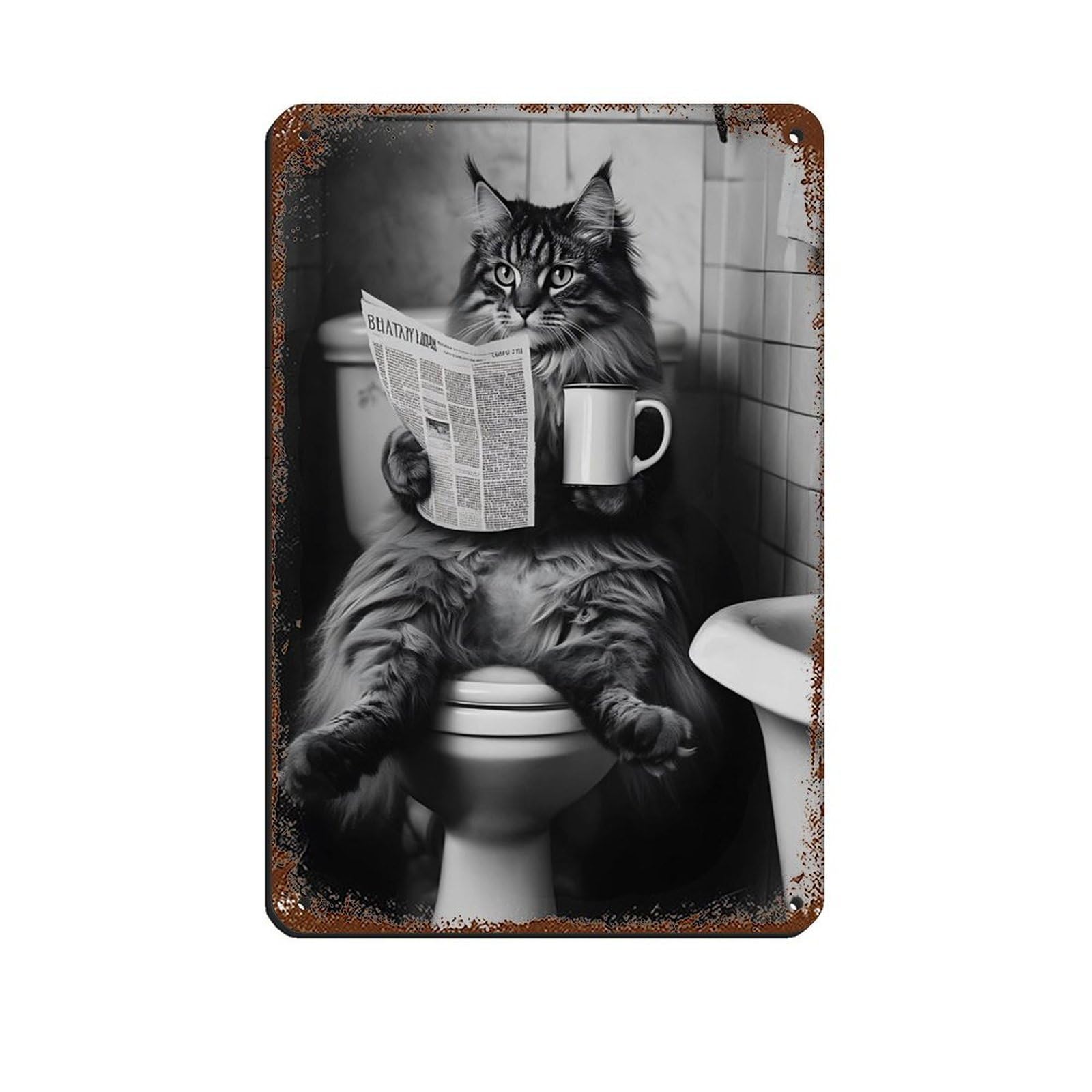 Lxwnze 20L X 30W Cm Funny Cat, Humorous Cat Bathroom Decor Tin Sign Vintage Metal Pub Club Cafe Bar Home Wall Art Decoration Poster Retro 8X12inch(20X30cm)