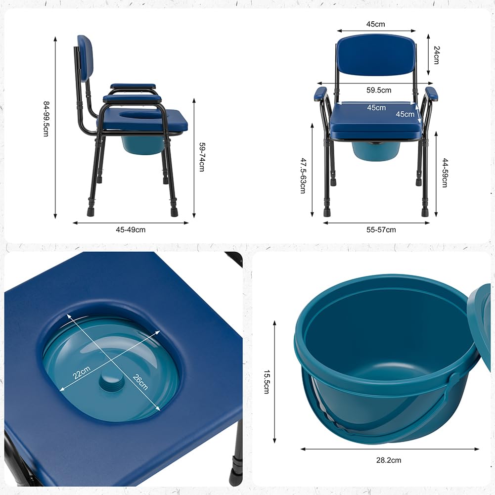 BAKAJI Sedia WC Pieghevole e Leggera con Vaso Rimovibile e Altezza Regolabile per Anziani, Disabili, Persone con Mobilità Ridotta, Water Seduta Salvaspazio con Base Antiscivolo 57 x 49 x 84–99,5 cm