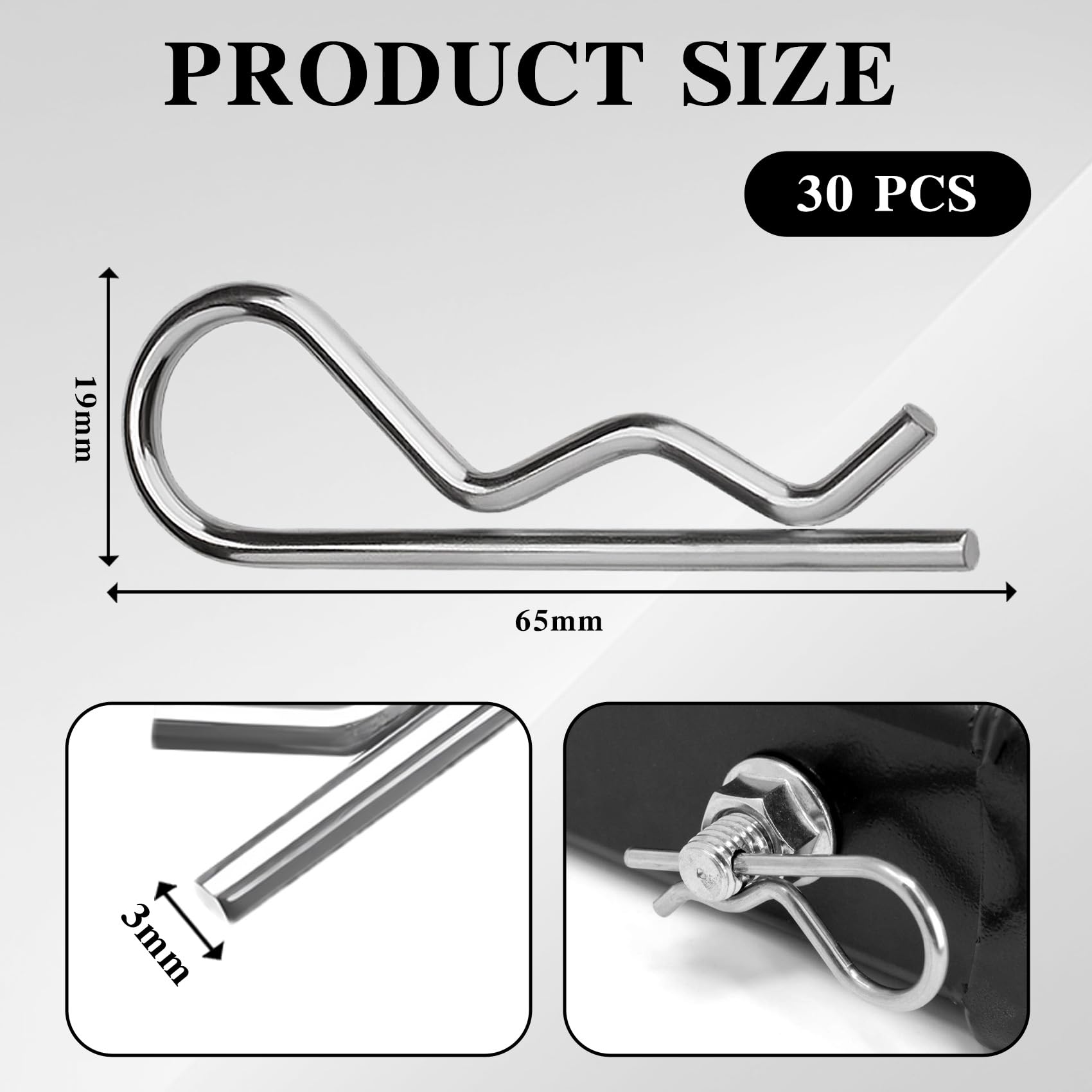 Lot de 30 Goupilles fendues en acier inoxydable avec clips en R - 3 x 65 mm - Épingles à nourrice pour automobile, mécanique, garage, équipement électrique, voitures, camions, tondeuse à gazon
