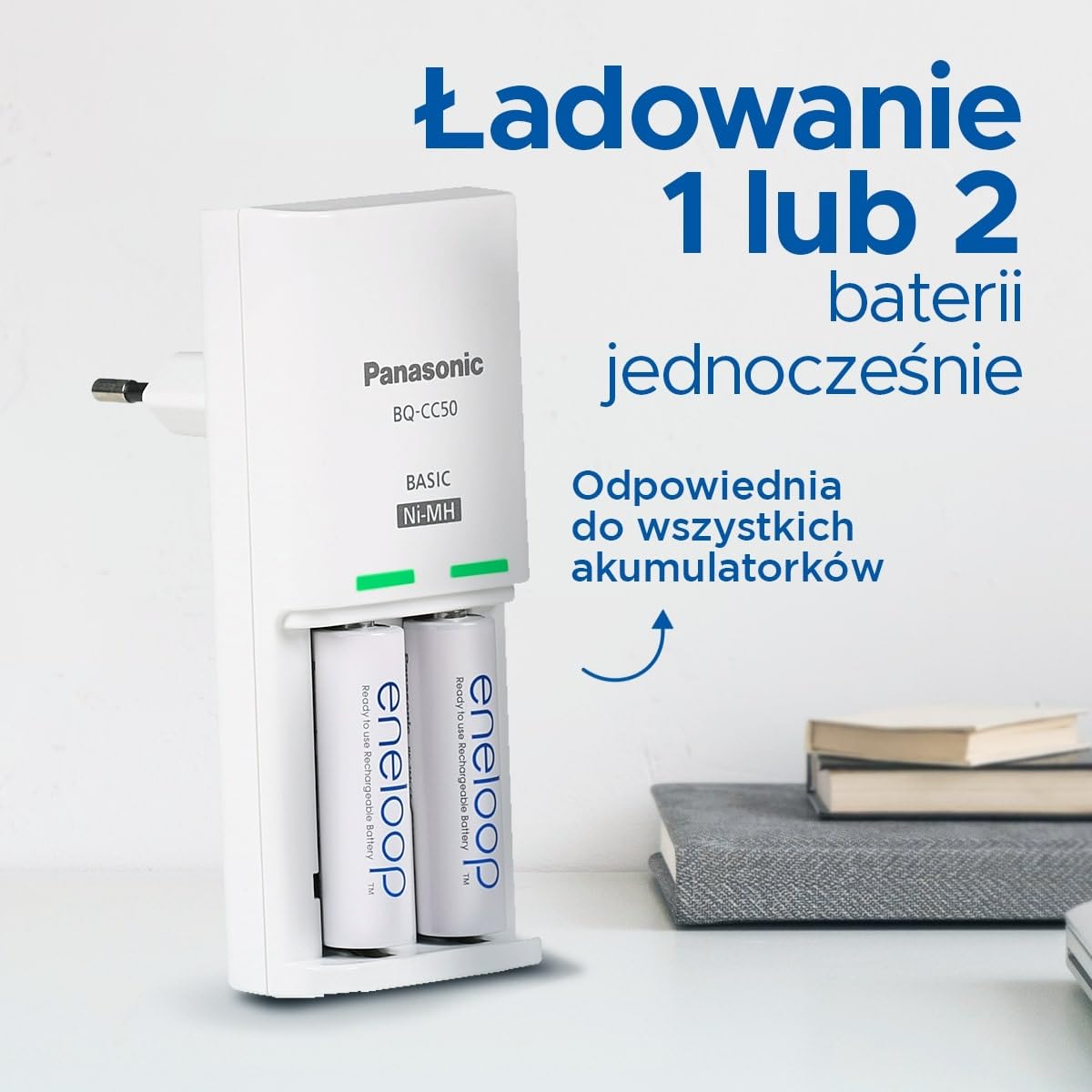Panasonic eneloop 52050E20ic eneloop Compact do 1–2 akum. AA/AAA Ni-MH z 2 wskaźnikami LED i 6 funkcjami bezpieczeństwa, w zestawie z 2 akumulatorami eneloop AA/Mignon, większa poj. min. 2000 mAh