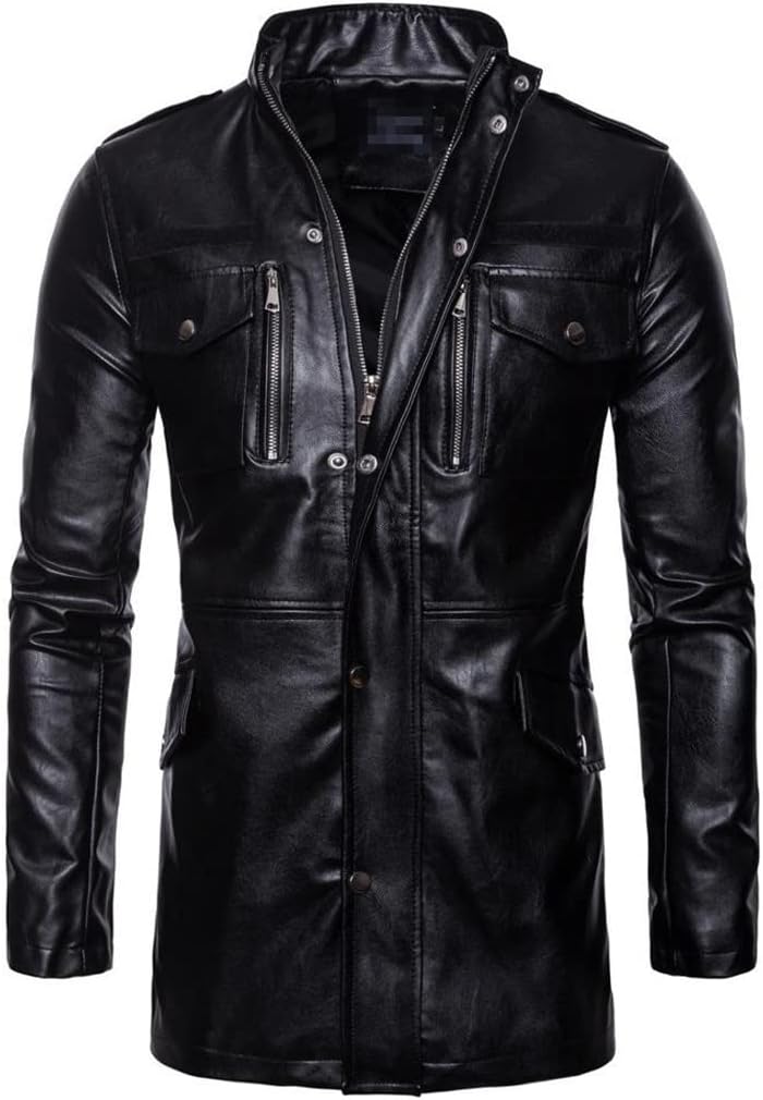 Men's Trench Leather Coat, Single Breasted Business Casual Faux Leather Jacket, Black Long PU Coat Big Size