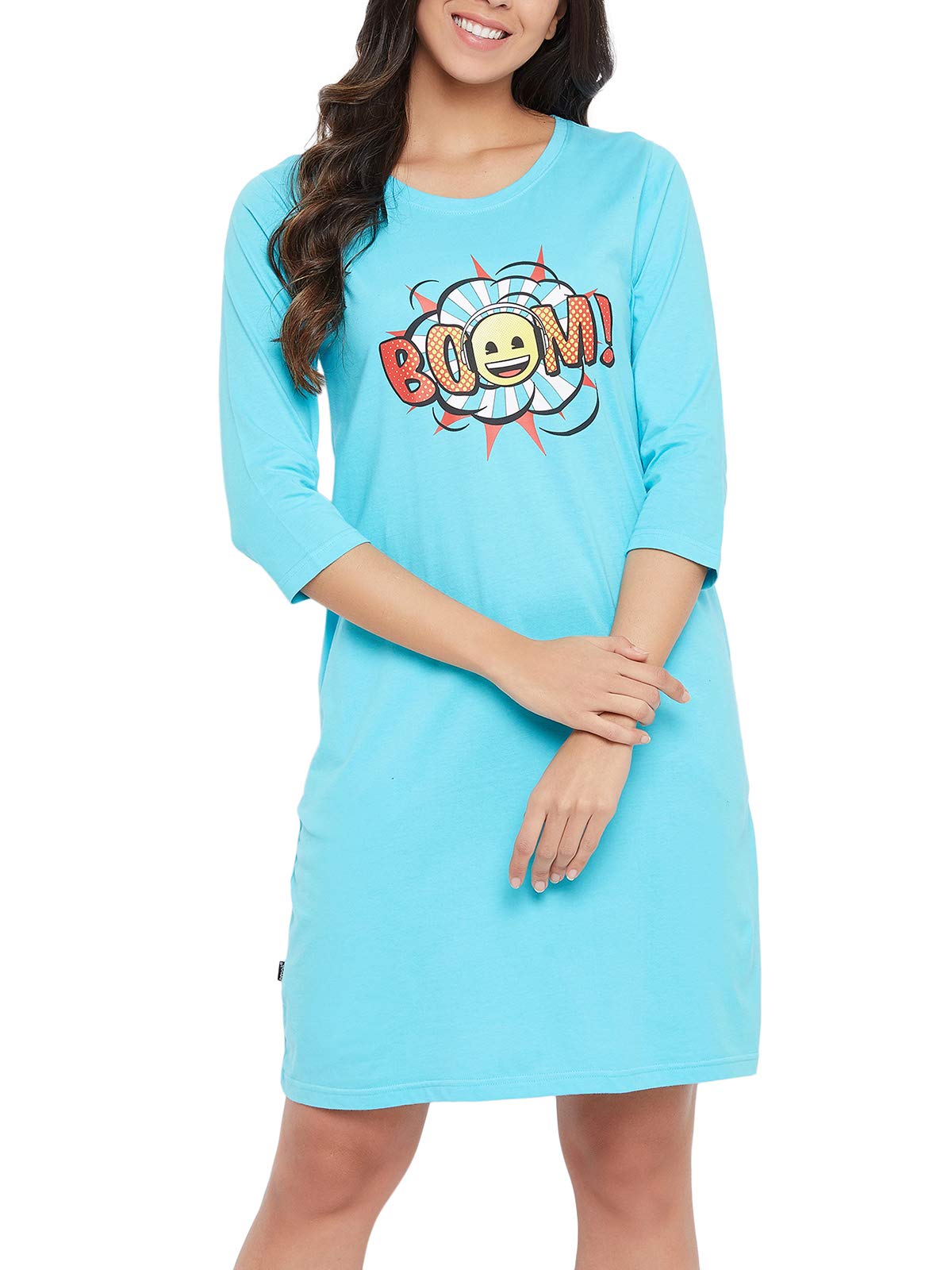 Women's Cotton Printed Short Night Dress with Pocket