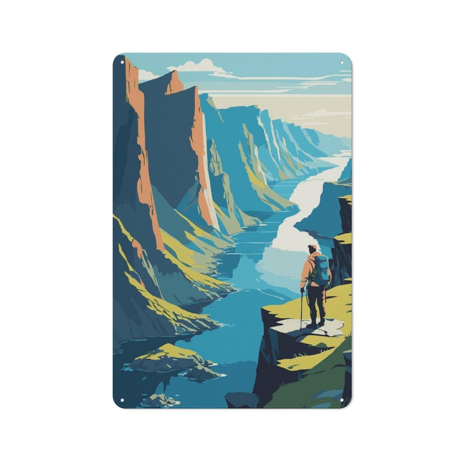 Vintage Hiker Overlooking Canyon River Landscape Metal Plaque 30x20cm, Diner Style Decor for Bakery, Diner, Cafe Or Family Room