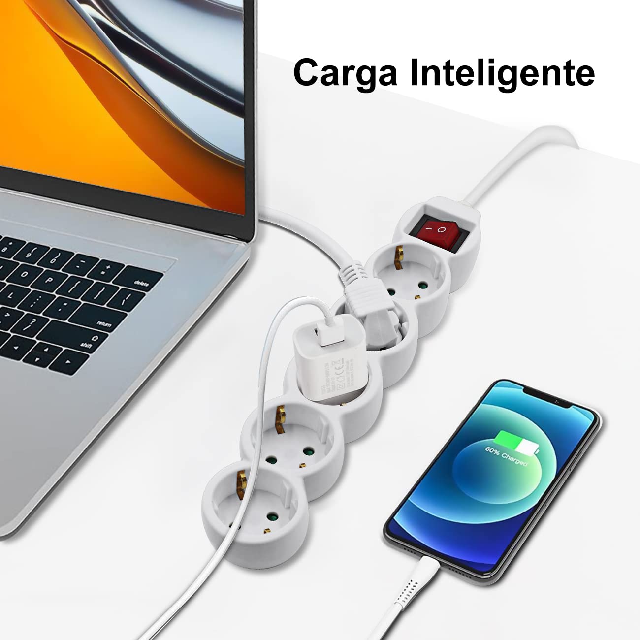 EXTRASTAR Regleta Alargador de 5 Metros con 5 Enchufes e Interruptor, para el hogar, Oficina y Viajes, Blanco 1Pc — view 6